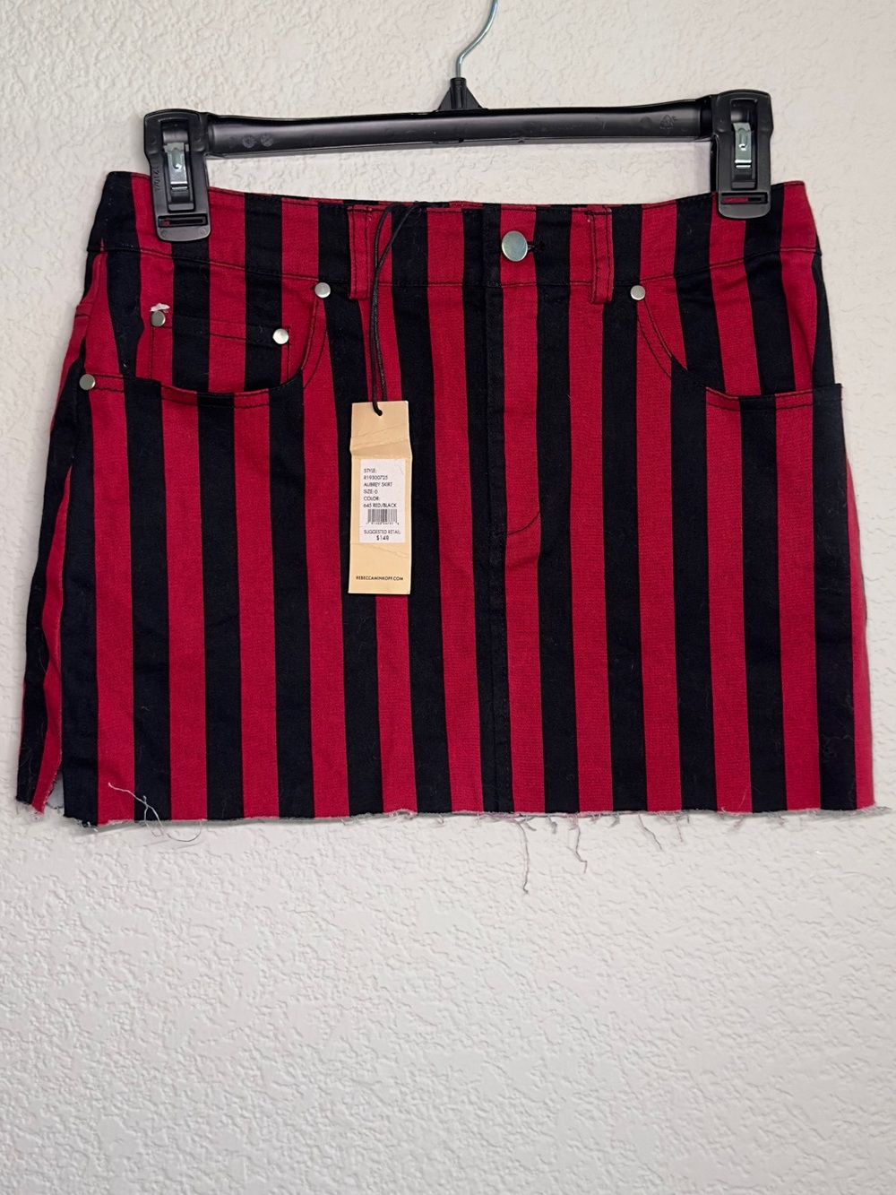 Rebecca Minkoff “Aubrey” Red and Black Striped Raw Hem Mini Skirt